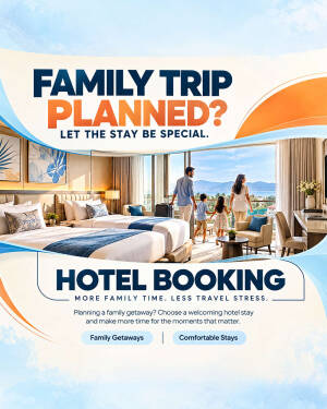 A family standing in a luxury hotel room looking out at a scenic ocean view with a promotional banner overlay.