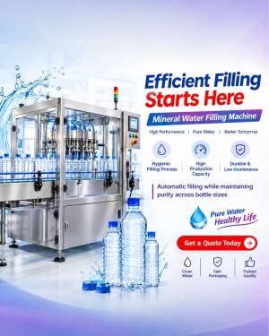 An automated mineral water filling machine with bottles on a production line, featuring a modern, hygienic industrial design.