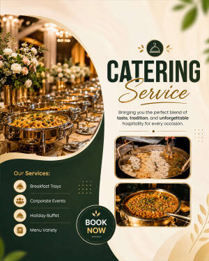 Catering service promotional poster showing a buffet setup, food trays, and booking information.