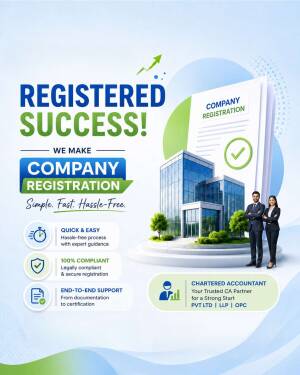 A promotional graphic for company registration services featuring business professionals and an office building illustration.