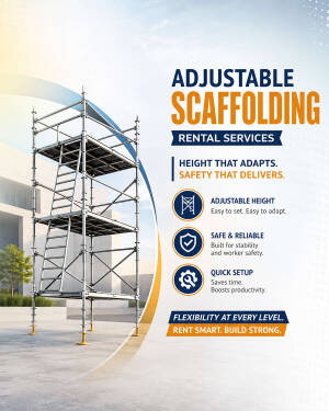 A tall, metal, multi-level adjustable scaffolding tower standing on a construction site with marketing text next to it.