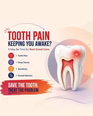 An educational dental infographic highlighting tooth pain symptoms and root canal treatment.