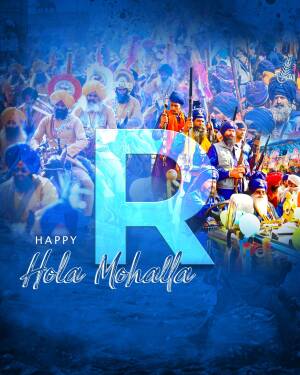 Image depicting a festive Hola Mohalla celebration with a large 'R' overlay.