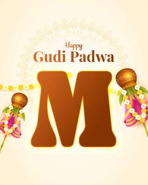 Gudi Padwa festive greeting with a large 'M' letter and traditional decorations