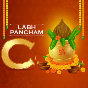 Labh Pancham festive image with pot, flowers, and auspicious symbols