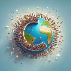 A stylized illustration of Earth with a diverse group of people surrounding it, holding flags.