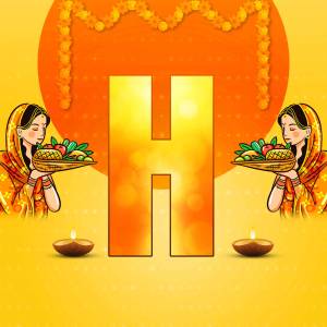 Illustration of the letter 'H' with traditional Indian women and festive decorations.