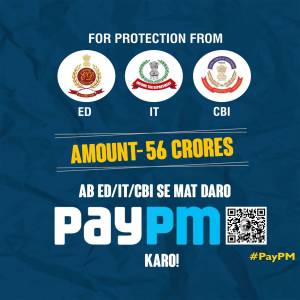 Image promoting PayPM with logos of ED, IT, and CBI and a message about protection from them.
