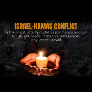 Hands holding a candle with a backdrop of conflict imagery, promoting peace during the Israel-Hamas conflict.