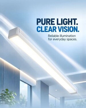 A sleek, white modern LED linear light fixture mounted on a clean, professional ceiling with bright, clear illumination.
