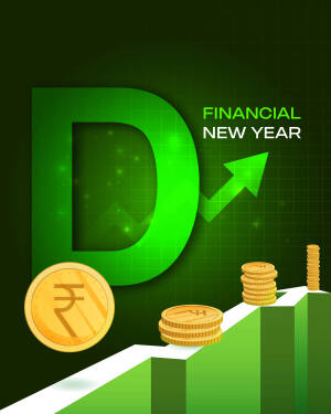 Illustration depicting financial growth and the new financial year with coins, a graph, and the letter 'D'.