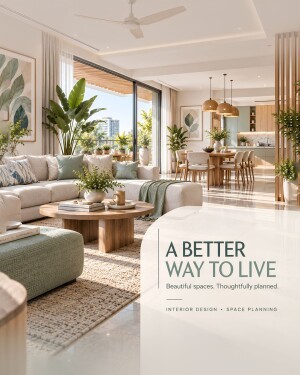 A bright, modern open-concept living room with large windows, natural wood furniture, and green plants.