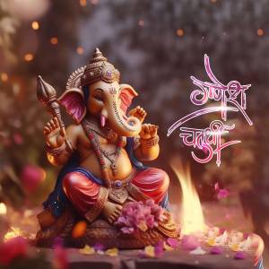 A beautiful idol of Lord Ganesha celebrating the festival of Ganesh Chaturthi with floral offerings and a warm background.