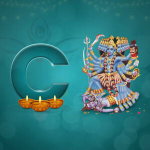 Illustration of Goddess Kali with a large letter C and lit oil lamps