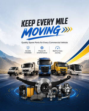 Various commercial vehicle spare parts arranged in front of a line-up of trucks and a bus against a mountain background.