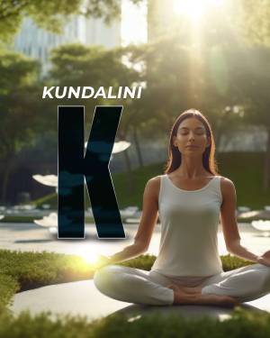 Woman meditating in a park with the letter 'K' in the foreground