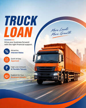 An orange truck driving on a highway with text advertising truck loan services and financial support.