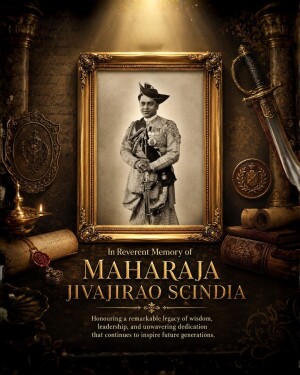 A regal portrait of Maharaja Jivajirao Scindia in a gold frame, surrounded by symbolic royal artifacts.