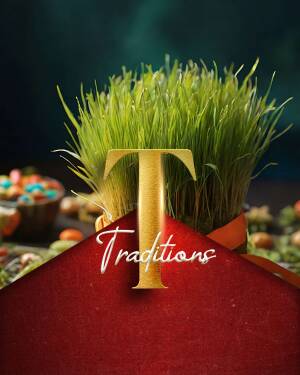 Golden letter 'T' on sprouting wheatgrass with traditional Nowruz decorations