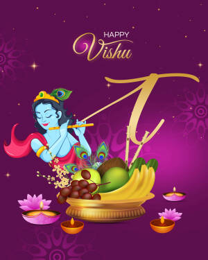 Illustration of Lord Krishna playing a flute with Vishu offerings