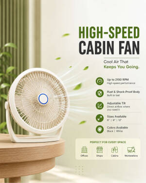 A modern white high-speed cabin fan sitting on a wooden desk, advertising product features like high RPM, rust-proof body, and adjustable tilt.