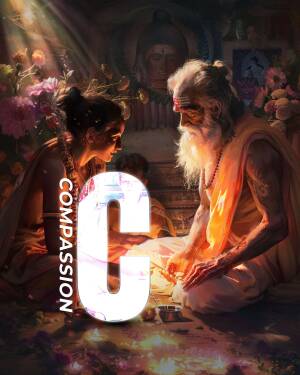 A digital painting depicting a guru and a disciple in a spiritual setting with the word 'Compassion' overlaid.
