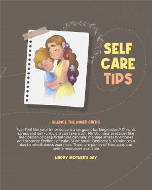 Illustration of a mother and son hugging with text about self-care and mindfulness.