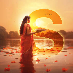 A woman offering prayers during Chhath Puja at sunrise.