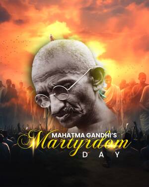 Portrait of Mahatma Gandhi with a crowd in the background and text 'Mahatma Gandhi's Martyrdom Day'