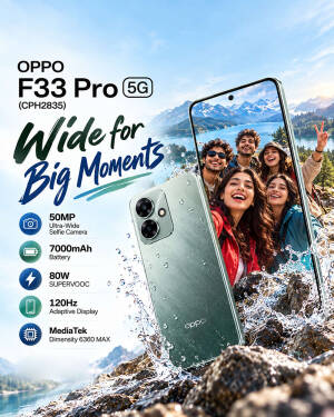 OPPO F33 Pro 5G smartphone displayed in a splash of water with mountainous background and feature highlights