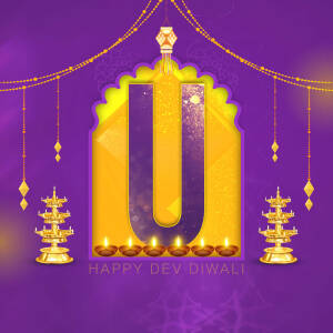 Illustration of the letter 'U' decorated with diyas and traditional motifs for Dev Diwali.
