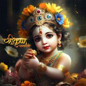 Portrait of baby Krishna adorned with flowers and jewels