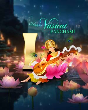 Illustration of Goddess Saraswati playing the veena on a lotus flower with the text 'Happy Vasant Panchami'