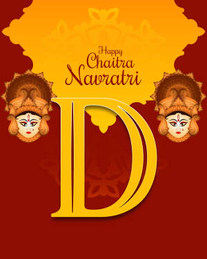 Chaitra Navratri greeting with Durga face and a large letter 'D'
