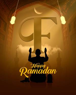 Ramadan greeting with a silhouette of a person praying and a crescent moon.
