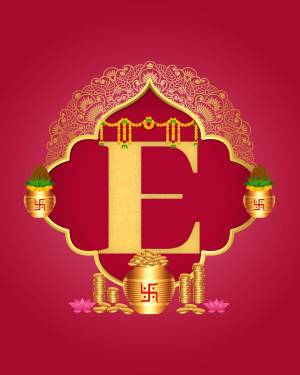 Golden letter E with Indian motifs, including kalash, swastika, and marigold garlands.