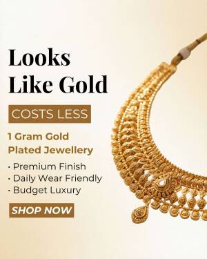 A beautiful 1 gram gold plated necklace on a cream background with marketing text overlay.