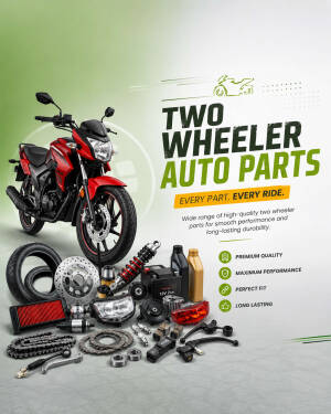 A red motorcycle parked next to various spare parts such as tires, disc brakes, and oil bottles on a clean background.