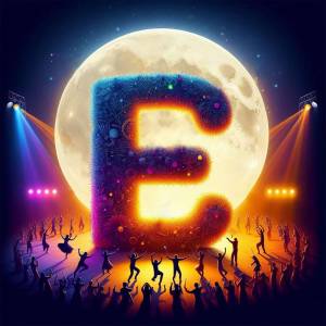 Large illuminated letter 'E' with people dancing around it under a full moon
