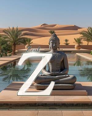 A serene statue of Buddha meditating in front of a desert landscape with a pool and palm trees.