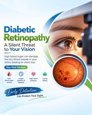 Infographic showing a human eye and an image of a retina affected by diabetic retinopathy