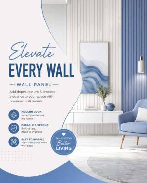 Modern living room interior featuring premium wall panels with blue aesthetic and text overlay.
