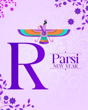 Illustration of a winged figure representing Faravahar with the letter 'R' and 'Parsi New Year' text.