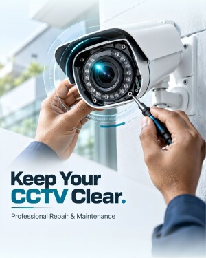 A technician repairing a CCTV security camera mounted on a wall with professional tools