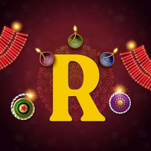 Letter R decorated with Diwali lights and firecrackers