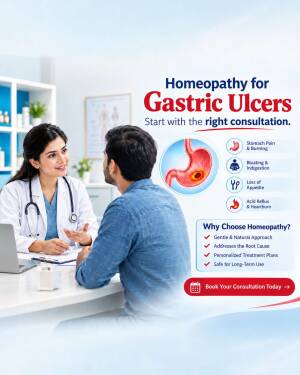A doctor consulting with a patient about homeopathic treatment for gastric ulcers.