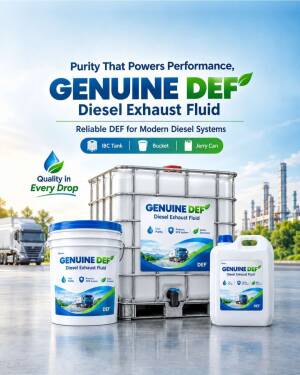 A collection of Genuine DEF diesel exhaust fluid products including an IBC tank, a large bucket, and a smaller jug against an industrial truck and factory background.