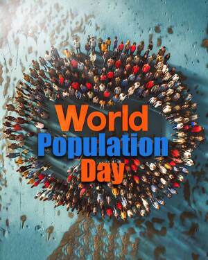 Aerial view of a large group of people forming a circle with the text 'World Population Day'