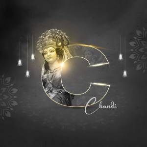 Image of Goddess Durga's face within a glowing letter 'C' against a dark background.