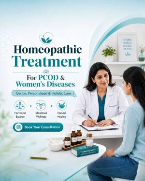 A female doctor providing a homeopathic consultation to a patient for PCOD and women's health issues.